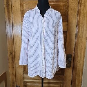Chaps Classic Long Bell Sleeve Red/ White Linen Blend Button Up Shirt  L